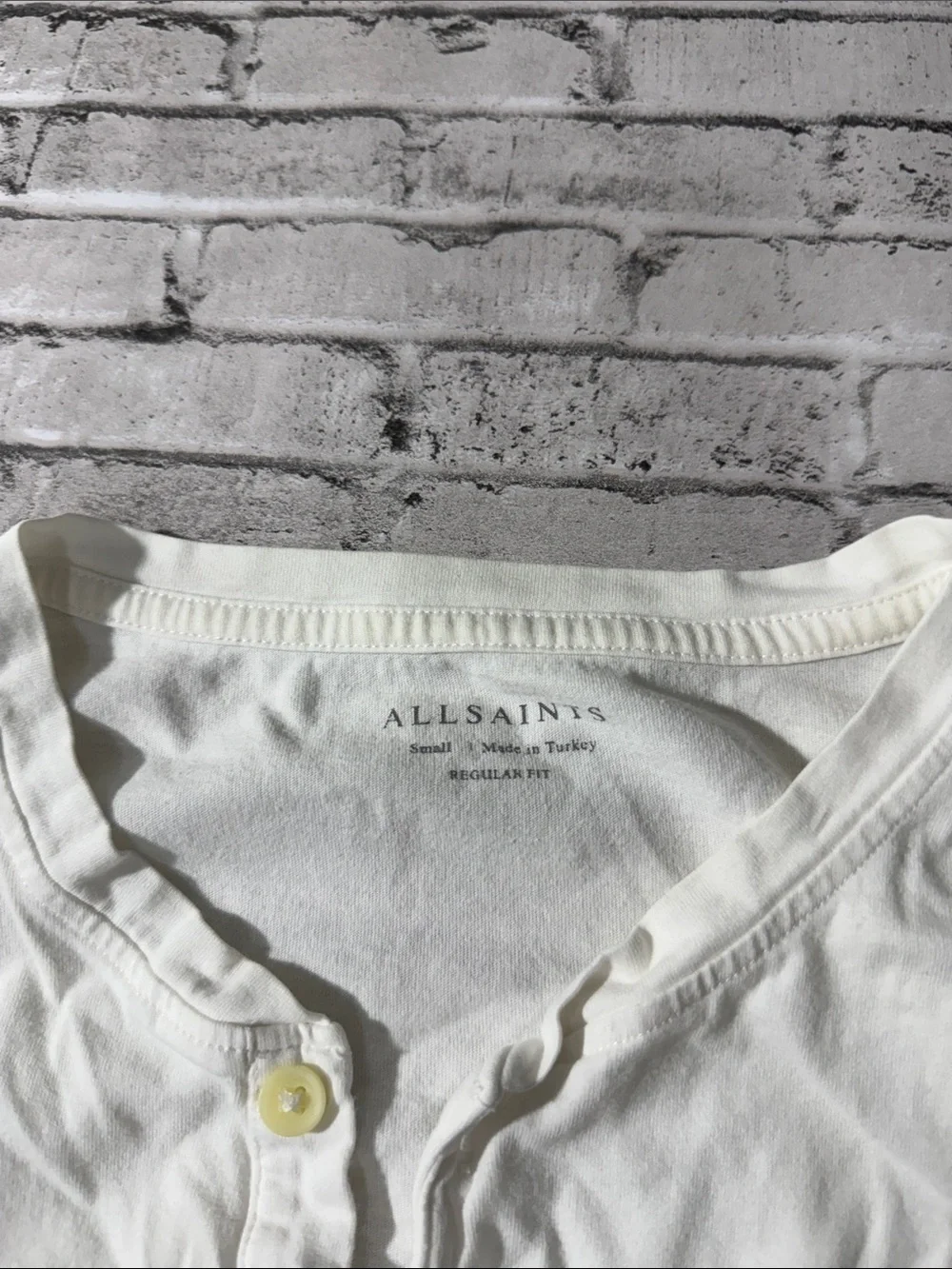 All Saints mens S Small white solid Brace long sleeve Henley shirt EUC